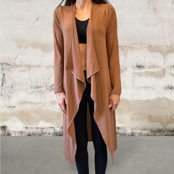 She + Sky Long sleeve knit jacket, long, solid tan wrap style, Soft! Comfy! Sz S - Picture 2 of 11